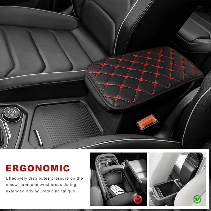Car Center Console Cushion Pad, Anti-Scratch PU Leather Auto Armrest Seat Box Protector, Waterproof Arm Rest Protection Cover Interior Decoration for SUV Sedan Truck (Red)