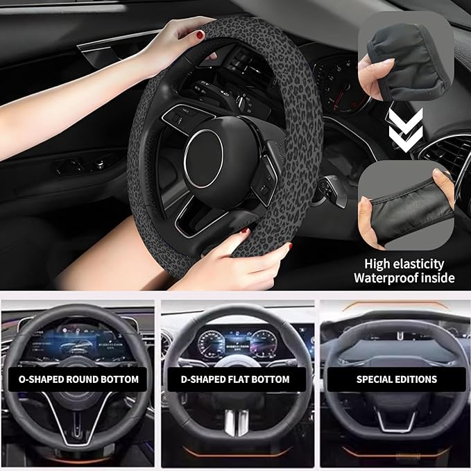 Elastic Car Steering Wheel Cover, Universal 15 inch Non-Slip Breathable Neoprene Steering Wheel Protector, Car Accessories for Women Men Fit Auto, Suvs, Truck Black Leopard