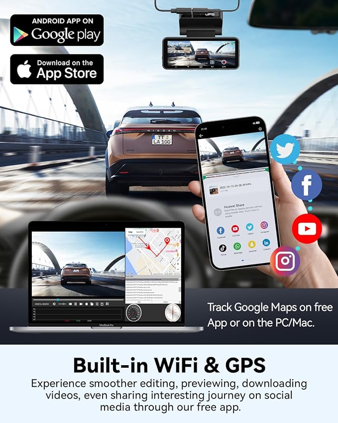 FOCUWAY Dash Cam Front and Rear, Real 4K@30fps/2K@60fps+1080P@30fps Dash Camera for Car, Touchscreen, Voice Control, with GPS WiFi, HDR Night Vision, 64GB Card, 160 Wide Angle, 24H Parking Mode