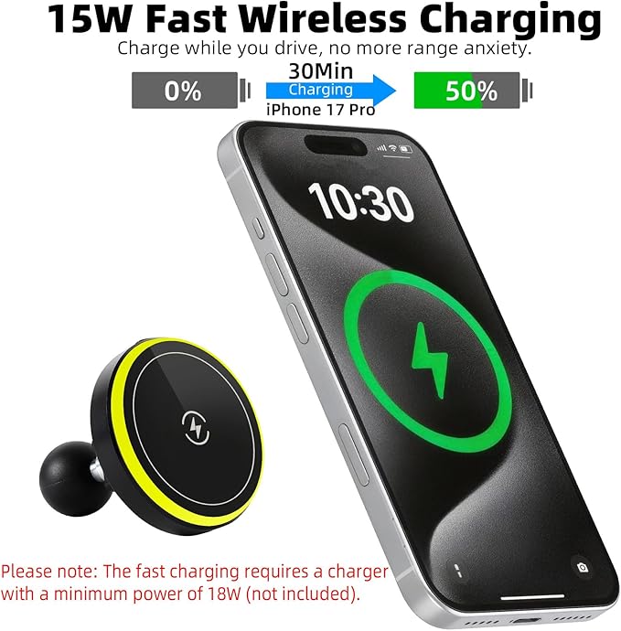 15W Magnetic Wireless Charging Phone Holder for RAM Mounts, 1" (25mm) Ball Mount for Magsafe iPhone 17/16/15/14/13/12 Series, Compatible with RAM B Size Double Socket Arm