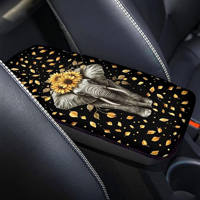Suobstales Elephant Sunflower Leaf Print Car Armrest Pad Soft Center Console Arm Rest Protector Cover Universal Car Interior Accessories Decoration
