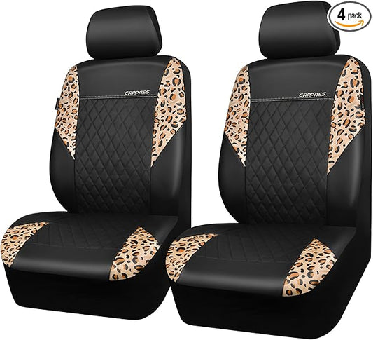 CAR PASS Leather Leopard Two Front Seat Cover Only, Universal Quilting Waterproof Deluxe PU Premium Vinyl Luxury Car Seat Cover Airbag Compatible for Most Sedan,SUV,Truck(Two Front, Brown Leopard)