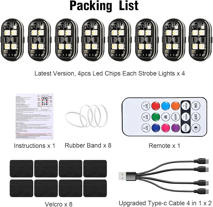 8PCS Wireless LED Lights with Remote Control, Upgraded 4LEDs 8 Colors, Interior Underglow Anti Collision Warning Strobe Light for Car Motorcycle Bike Drone Aircraft
