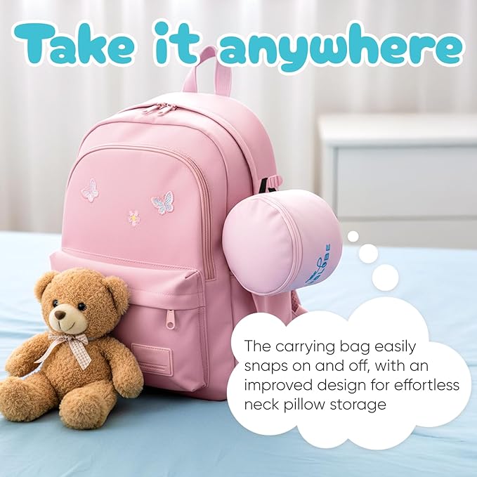 Proglobe Junior Kids Travel Neck Pillow - Ergonomic Memory Foam Pillow for Airplane, Car, Booster Seat - Soft, Washable, Compact Travel Pillow with Strap - Light Pink - Ages 4-13