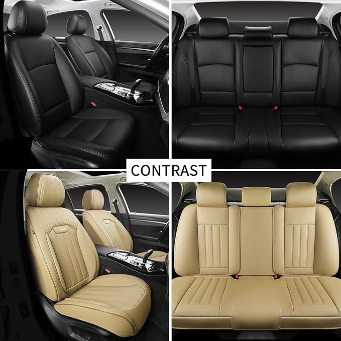 Beige Leather Seat Covers, 5 Seats Universal Car Seat Covers Full Set, Waterproof Automotive Seat Covers Breathable Front and Rear Seat Covers for Most Sedans SUVs Trucks