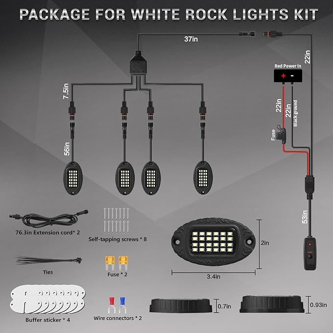 4 Pods Alloy Pure White LED Rock Lights for ATV SUV UTV RZR Trucks Trailer Offroad Pickup Fender, IP68 Waterproof Shockproof 6500K 24LEDs Super Bright White Underglow Kit with Switch Wiring Harness