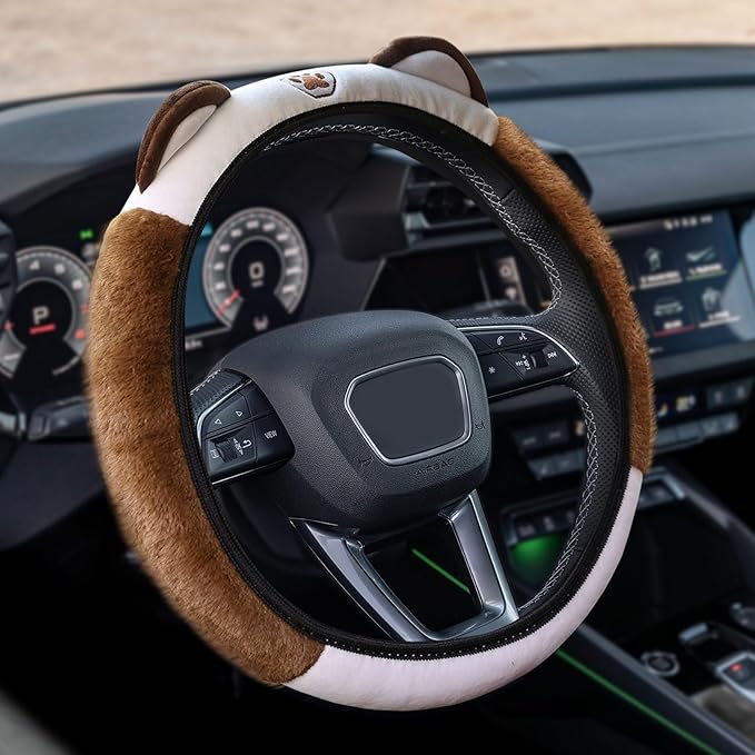 Car Steering Wheel Cover, 15 Inch Fluffy Soft Plush Auto Protector, Anti-Slip Elastic Lovely Car Cover Accessories with Kitty Cat Ears Universal for Most Cars (Fluffy-White+Brown)