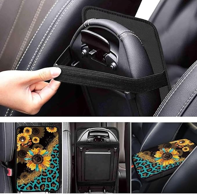 JoyLamoria Sunflower Leopard Car Center Console Armrest Cover Non Slip Auto Arm Rest Cushion Pads Armrest Protector Car Interior Accessories