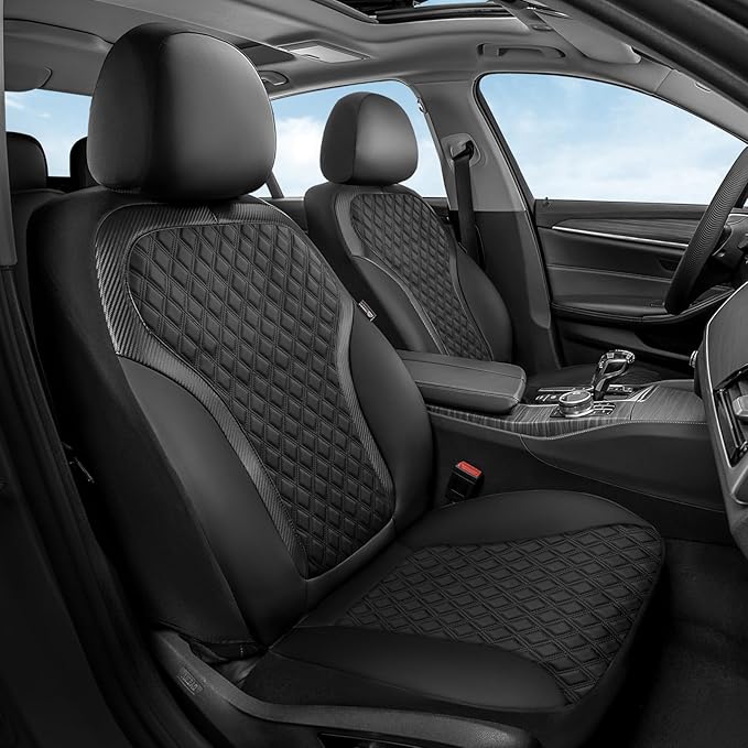 Coverado Front Seat Covers, 2-Pack Luxury Diamond Leather Car Seat Cover with Carbon Fibre Weave Design, Waterproof Car Seat Protectors, Black Driver Seat Covers Universal Fit for Cars SUV Trucks