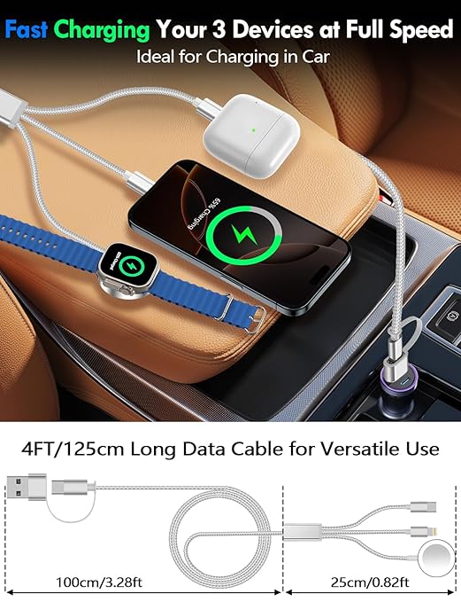 1Pack Multi Charging Cable Cord for Travel Essentials,Apple Watch Charger,iPhone Charger,[3-in-2] Type C/LCable Portable Designed for iWatch,iPhone 17-8,Galaxy S25-21,AirPods,iPad-4FT White
