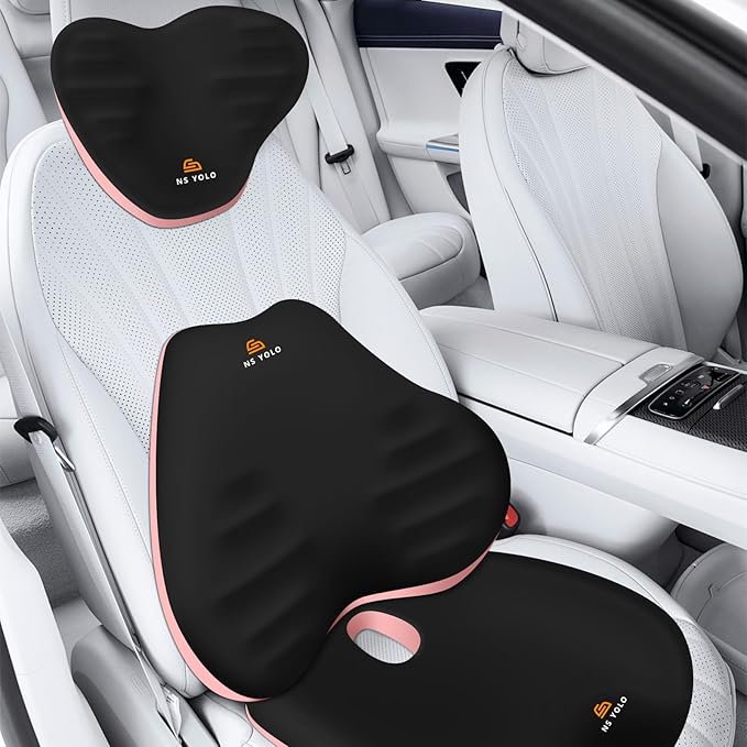 NS YOLO Ergonomic Car Seat Cushion with Comfort Memory Foam Neck Pillow, Car Pillow,Lumbar Support and Big Size Soft Seat Cushion for Driving Seat,Office Chair and Wheel Chair (Black and Pink-3 pcs)