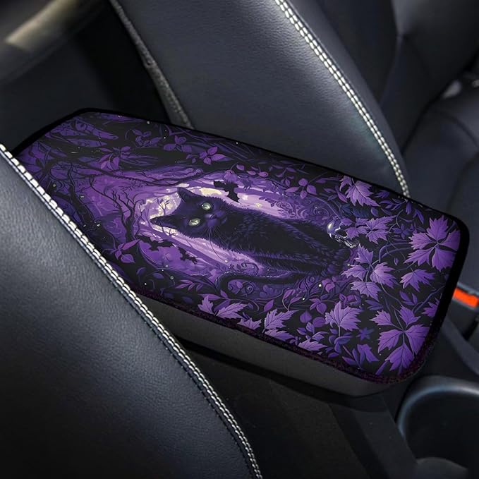 Dreaweet Halloween Center Console Cover Black Cat Arm Rest Cover for Car Truck SUV Universal Middle Console Cover Anti-Scratch Car Armrest Storage Box Mat