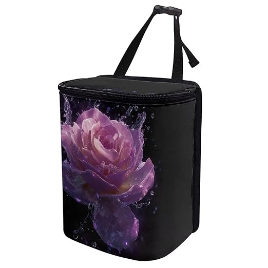 Purple Rose Car Trash Can with Lid, Cute Leakproof Car Trash Garbage Bag Hanging Vehicle Trash Bin Small Portable Automotive Garbage Cans Organizer for Back/Front Seat/Console