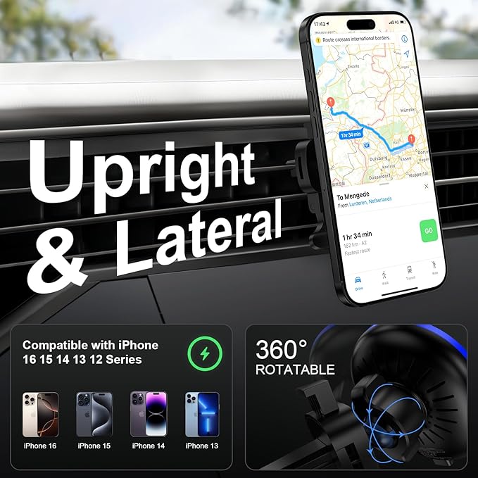 15W Magnetic Wireless Car Charger, MagSafe Car Mount Charger Fast Air Vent Car Phone Holder Charger for Samsung Galaxy S26 Ultra S26 S25 FE S25 Ultra S24 iPhone 17e 17 Pro Max 17 16e 16 Pro 15 Pro Max