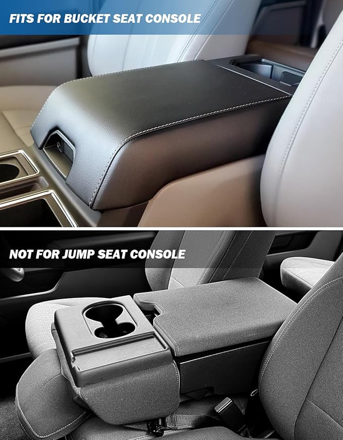 JOYTUTUS Center Console Cover Compatible with 2015-2020 F150, 2017-2022 F250 F350 F450, 2018-2024 Ford Expedition, Leather Armrest Cover Center Console Cushion with Side Pockets (Bucket Seat Only)