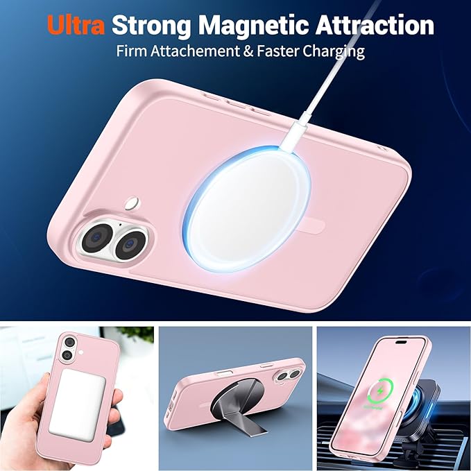 SUPFINE Magnetic for iPhone 16 Plus Case with Screen Protector (Compatible with MagSafe) (Military Grade Drop Protection) Translucent Matte Shockproof Phone Cover,Light Pink
