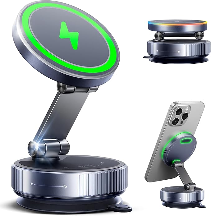 Magnetic Phone Charging Holder Mount for Magsafe Car Mount Charger, 15W Fast Charger Wireless [108+LBS Suction & 3800gf Magnetic], 360° Vacuum Magnetic Phone Holder for iPhone 17 Pro Max Air 16-12