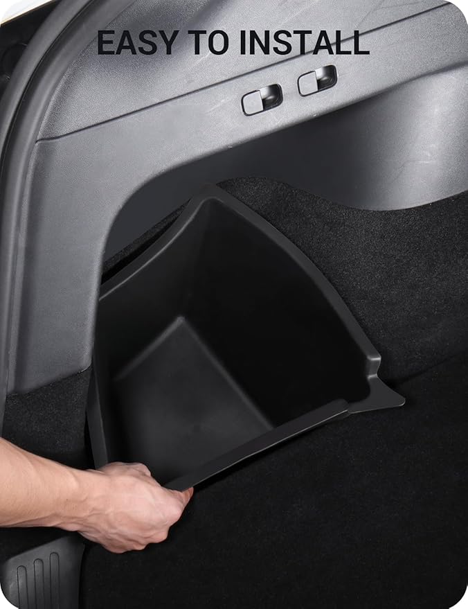 BASENOR New Version 2022-2024 Tesla Model Y Trunk Organizer Trunk Storage Bins with Carpeted Lid, Waterproof Rear Side Box Interior Accessories for Model Y 5-Seater