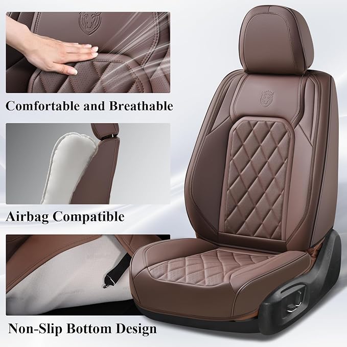 Coverado Front Seat Covers, Car Seat Covers Front Seats, Luxury Faux Leather Seat Covers for Cars, Car Seat Protector Waterproof, Automotive Driver Seat Cover Universal Fit for Most Cars, Brown