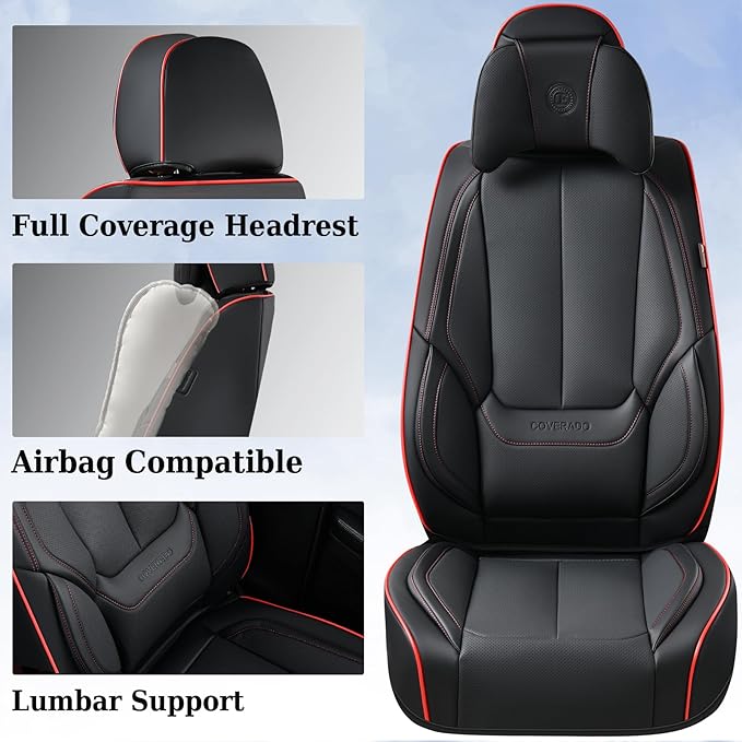 Coverado Universal Seat Covers Full Set, Universal Seat Covers for Cars, Waterproof Nappa Leather Car Seat Covers with Head Pillow, 5 Seats Auto Protectors Fit for Most Pick-up Truck, Black&Redline