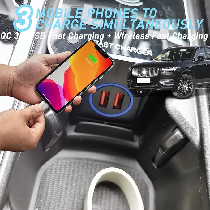 CenNa Wireless Car Charger for Volvo S60 Xc60 V60 S90 V90 Xc90 (2015-2024) All Models Accessory with Dual USB Qc3.0 Fast Charging Gift for Family