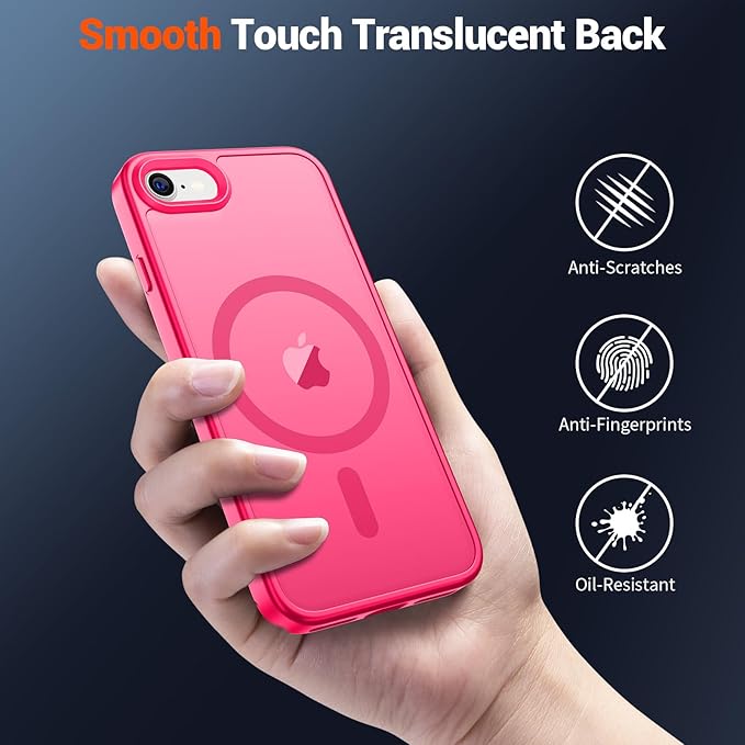 SUPFINE Magnetic for iPhone SE Case 2022 (3rd)/2020 (2nd), iPhone 8 Case with Screen Protector (Compatible with MagSafe) (Military Grade Drop Protection) Translucent Matte Phone Case, Hot Pink