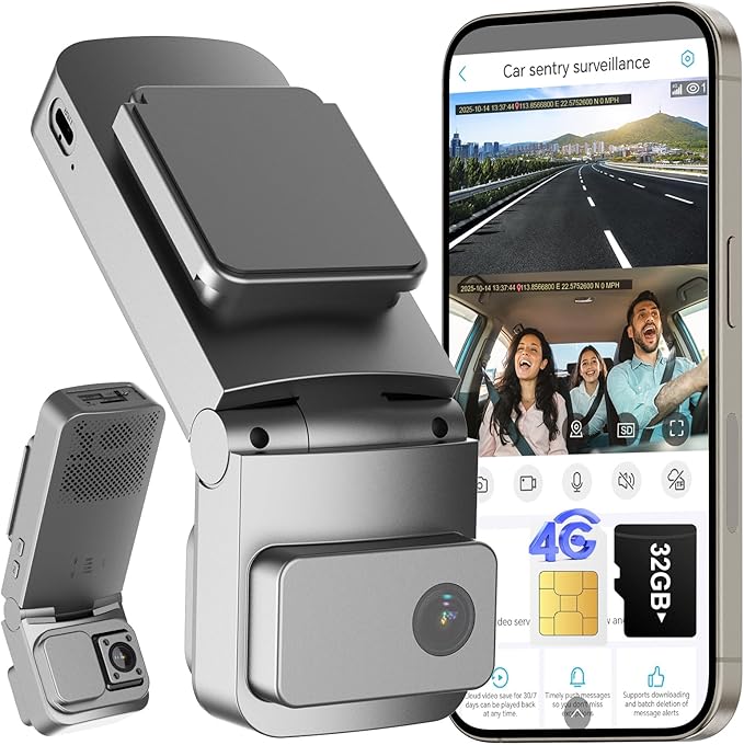 4G LTE Dash Cam with Live Streaming, Car Vandalism Surveillance Security Camera with Dual 155° Front & 180° Inside Camera, GPS Tracking, Radar Detect, G-Sensor, OBD II, 24/7 Parking Monitor