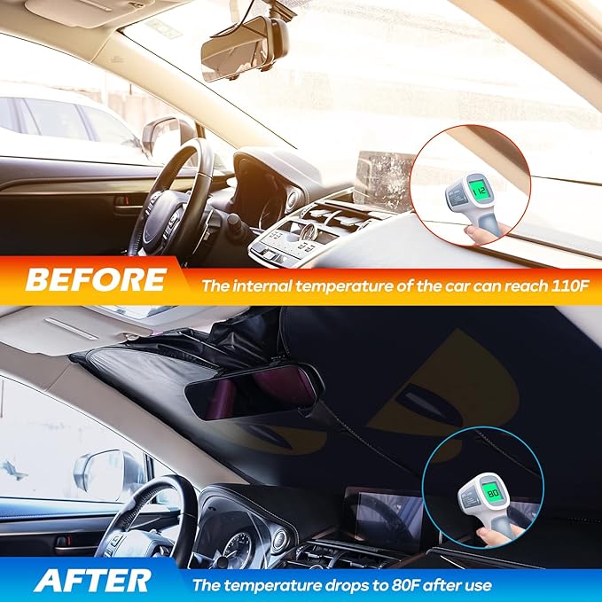 Car Windshield Sun Shade - Reflector Sunshade Offers Ultimate Protection for Car Interior, Cool Reflective Sun Blocker Fits Small Sedans, Mini SUVs