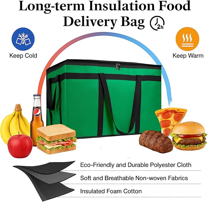 Bodaon Large 2-Pack Insulated Food Delivery Bag With Hard Bottom, XXXL Grocery Shopping/Catering/Bags, Rideshare Delivery Bag, Cold/Hot Styrofoam Carrier for Travel/Car