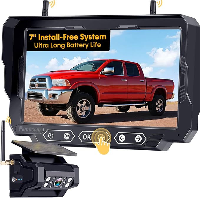 1080P HD Wireless Backup Camera: 1-Min Magnetic Easy Install No Wiring 7" Anti-Glare Monitor with Clear Night Vision - 24H Long Life Solar Scratch-Proof Rear View Camera for Truck Trailer SUV Small RV