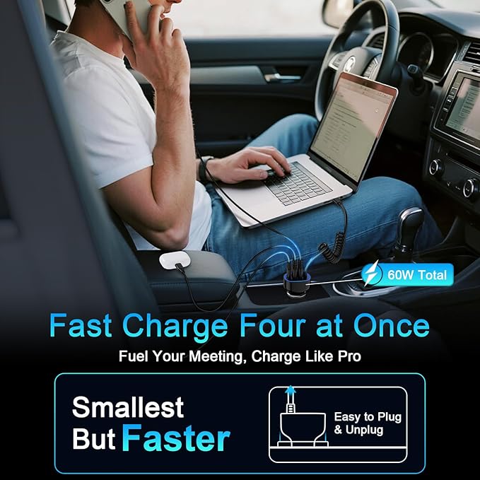 USB C Car Charger 60W Super Fast Car Phone Charger Adapter with 3ft 30W Type-C Coiled Cable for Samsung Galaxy S25 Edge/S25 Ultra/S24/S23/S22/S21/A16/A17/iPhone 17/16e/16 Pro/Pixel 10/9/8
