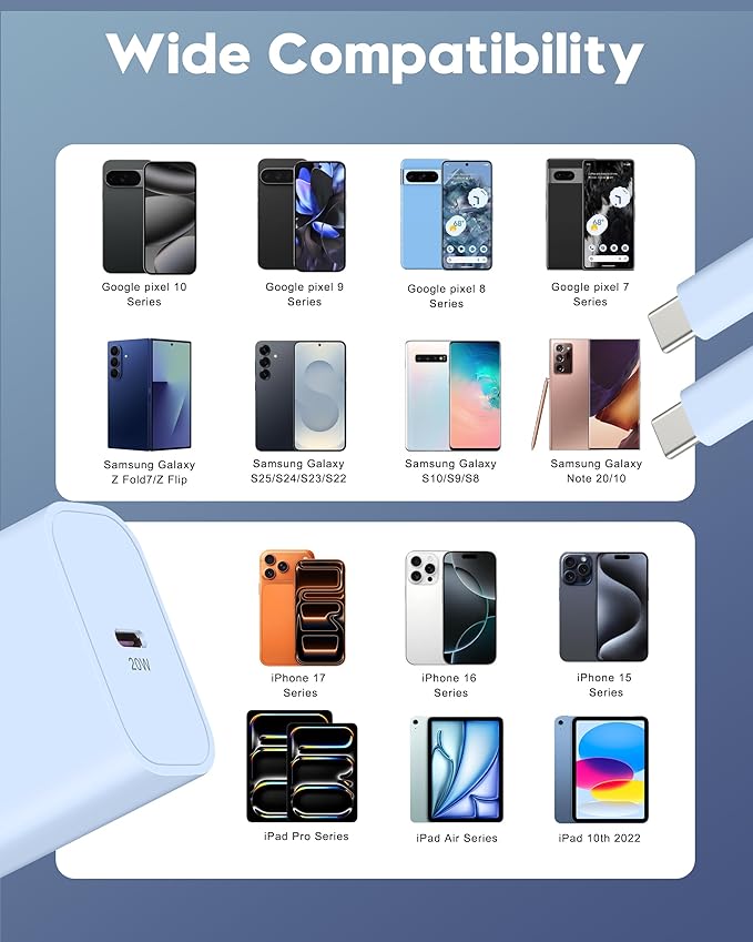 20W Fast Charger for iPhone 17/17 Pro Max/Air/17e/16/16 Pro Max/Plus, iPad Pro 13/12.9/11 inch, iPad 10th/Mini 6, AirPods, 2Pack USB C Wall Charger Type C Fast Charging Block with 3FT USB C to C Cable