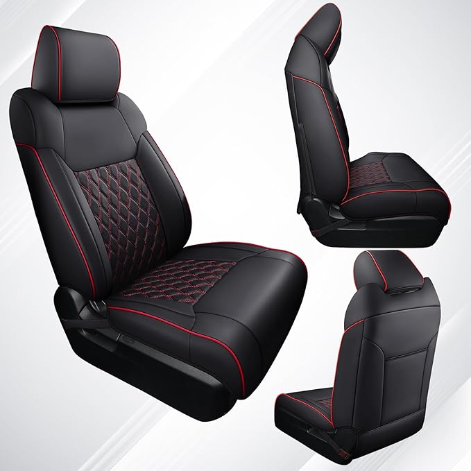 Huidasource Front Truck Seat Covers Fit for 2nd Gen Toyota Tacoma 2005-2015 Double&Crew Cab, Leather Car Seat Cushion Cover for Tacoma Base, PreRunner, SR5, Limited, TRD Sport(Front Pair/Black&Red)