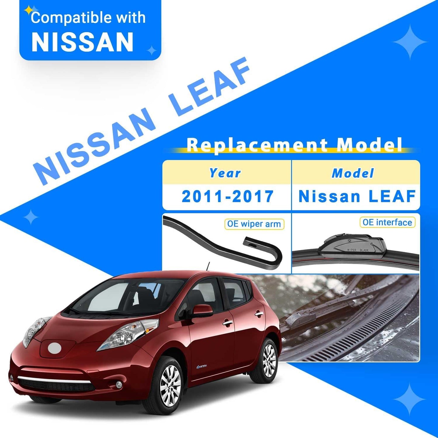 Windshield Wiper Blades Replacement for Nissan LEAF 2011 2012 2013 2014 2015 2016 2017 Original Factory Quality Front Rear Wipers Blade Set for My Car - 26" 16" 10" (Pack of 3)
