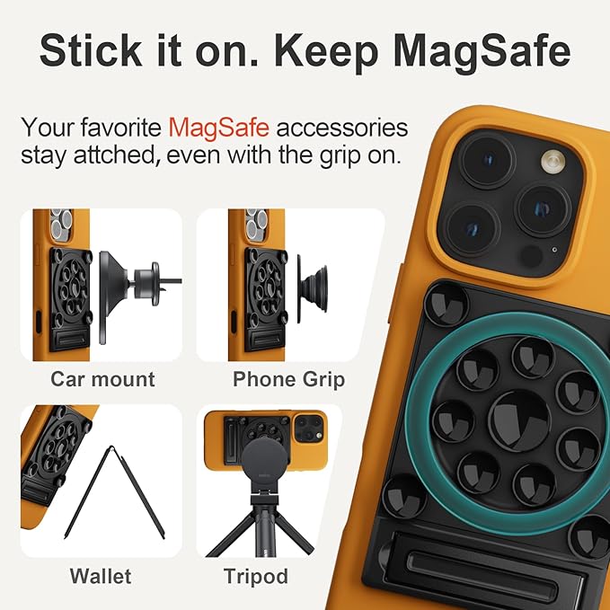 SEMBO Silicone Suction Phone Case Adhesive Sticky Grip Stand with Mag-Back for MagSafe Car/Wall Mounts, Strong Magnetic Holder for Fridge, Gym Equipment, Shower, Hands-Free Selfie (Black, Magnetic)
