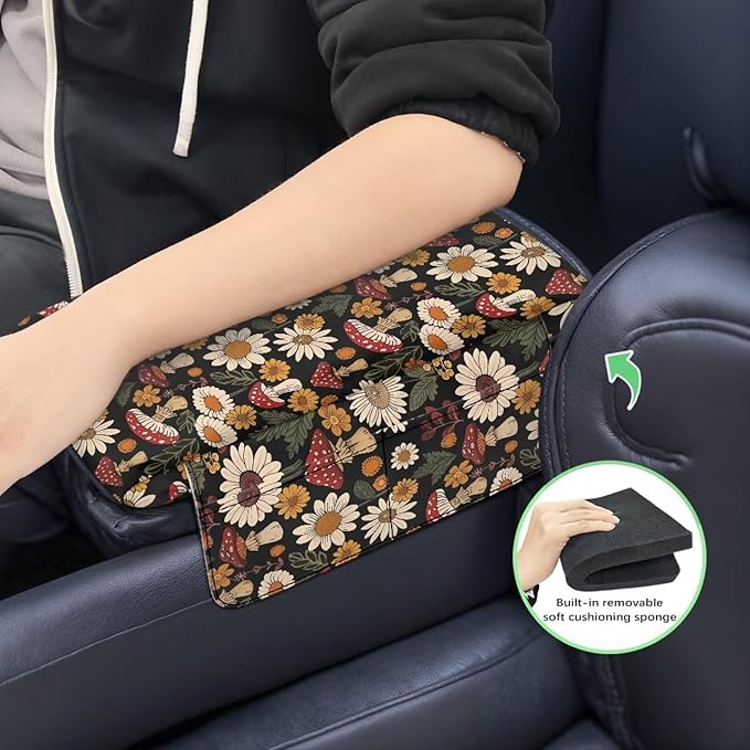 Tupalatus Mushroom Car Armrest Cover with 2 Storage Bags Flowers Universal Center Console Pad Washable Armrest Seat Box Cover Easy Installation Universal Fit for Cars,Trucks & SUVs