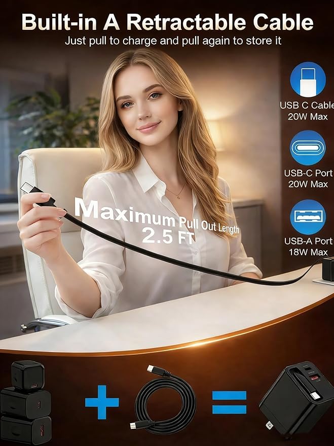 Retractable Car Charger USB-C for Samsung Galaxy S26 Ultra S26+ S25 S24 Apple iPhone 17e 17 Pro Max 16 Air, 47W Fast Car Charger Adapter + 35W Foldable Wall Plug - USB C Charging with Built-in Cables