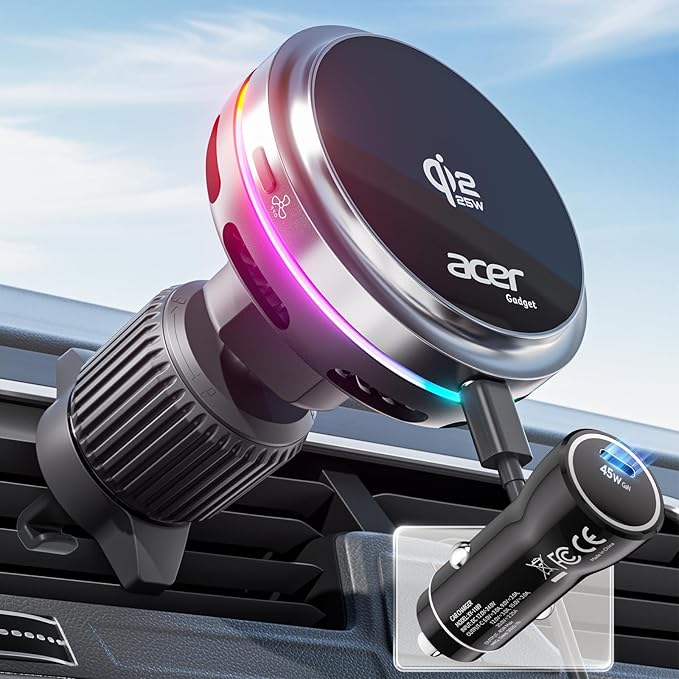 Acer Gadget Qi2.2 25W for MagSafe Car Mount Charger,Wireless Car Charger with Cooling Fan & Backlight,Vent Phone Mount with 45W Car Adapter,360°Rotation Magnetic Phone Holder for iPhone 17/16/15/14/13