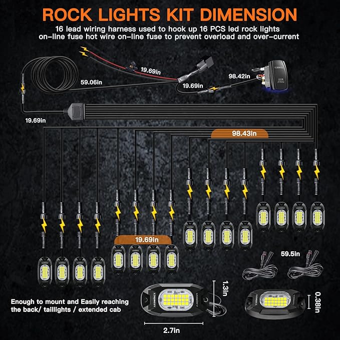 White Rock Lights,LEDMIRCY R6 LED Pure White Rock Lights 16PCS with Rocker Switch Wire Harness Kit Super Brigh Luces para Carro for Trucks UTV Off Road Boat ATV High Power Light Waterproof Shockproof