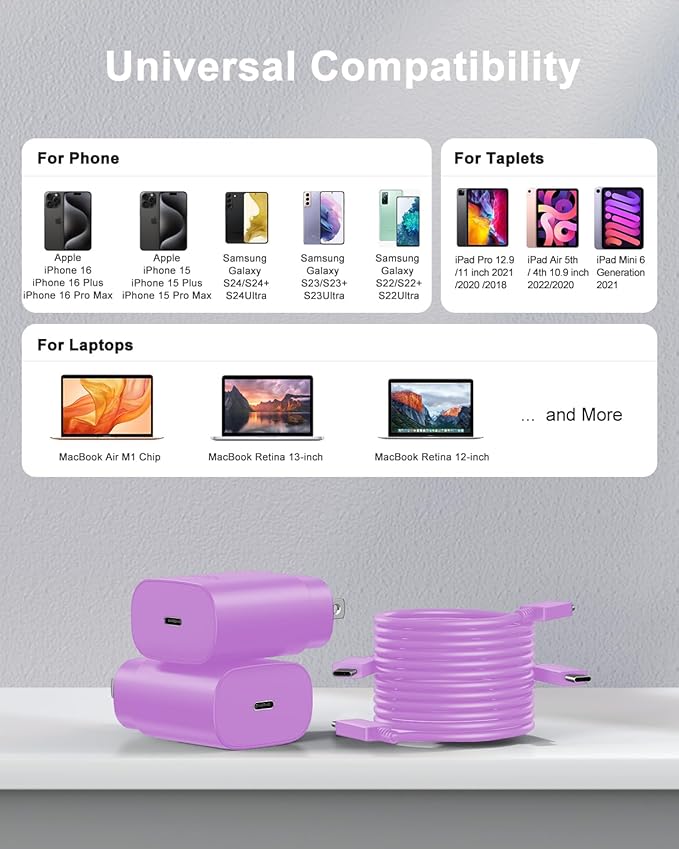 Type C Charger Fast Charging, 2Pack [10FT&6FT] Long USB C Cable with 25W Phone Super Fast Charger Block Compatible with Galaxy S25/S24/Plus/Ultra,iPhone 15/16/17/Air/Plus/Pro Max