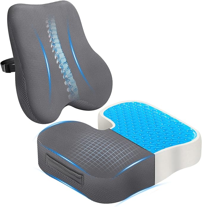 Gel Seat Cushion & Lumbar Support Pillow Set, Cooling Memory Foam for Coccyx & Sciatica Pain Relief, Ergonomic Desk Chair Cushion with Breathable Mesh Cover for Car, Home, Wheelchair (Grey)