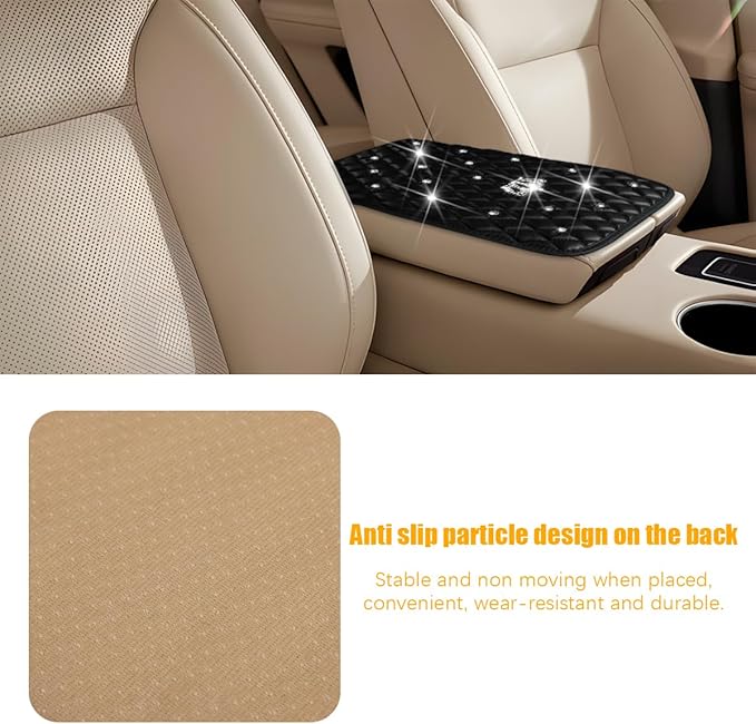 Mandark Bling Car Center Console Cover, Rhinestones Crown Vehicle Armrest Seat Box Mat Pad, Diamond Automotive Interior Arm Rest Cushion Protector Decor Accessories, Universal Fit(Black)
