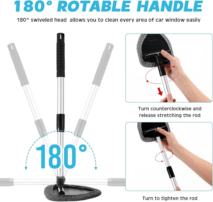 Baderke 9 Pcs Car Windshield Cleaner Tool Kit with with Extendable Handle, Microfiber Towel Pads, Sponge, Ventilation Brush, Empty Spray Bottle for Auto Glass Wiper Suvs Rvs & Home Windows(Grey)