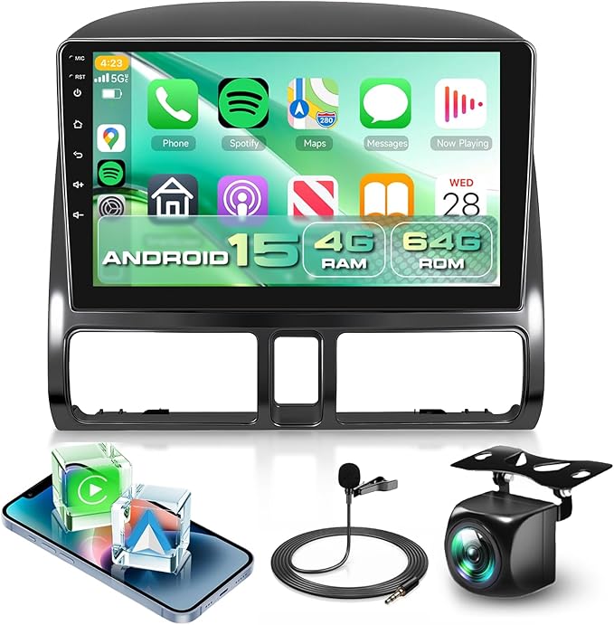 4G+64G Car Radio Stereo for Honda CRV 2002-2006 with Wireless CarPlay/Android Auto,9 Inch 1280 * 720P IPS Touch Screen Car Stereo Android 13 GPS WiFi Bluetooth 32-Band DSP HD Backup Camera