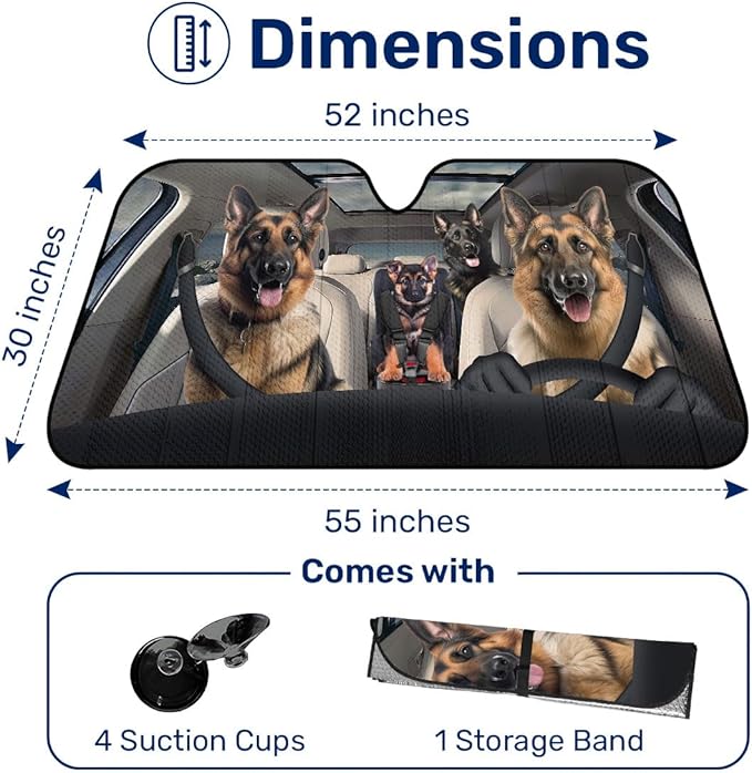 GENANY German Shepherd Dog Family Funny Windshield Sun Shade for Car SUV Truck (55x30 Inches), Sun Shade Windshield, Protector Blocks UV, Car Decor