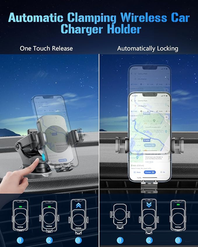 BothLin Wireless Car Charger, Fast Charging Phone Holder 3 in 1 Phone Mount Auto Clamping Car Accessories Compatible with iPhone 17 16 15 14 13 12 11 Xs XR, Samsung S23 Ultra S22 S21 S20(Space Grey)