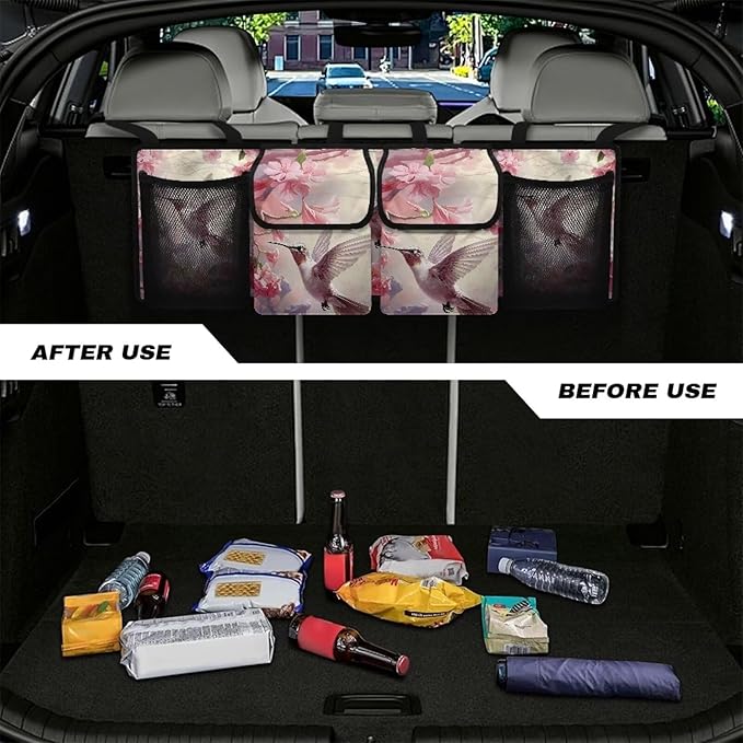 Pink Hummingbird Print Car Trunk Organizer, Foldable Auto Back Seat Storage Bag with 4 Pockets Universal Hanging Car Trunk Accessories for Most SUVs Sedans Trucks