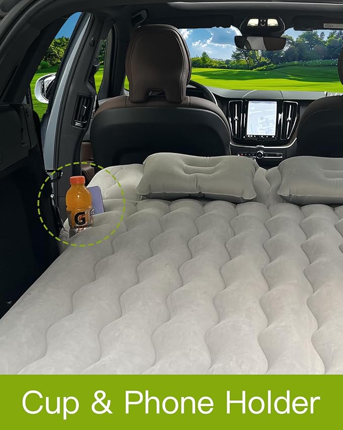 SUV Air Mattress, Inflatable Car Mattress Bottle and Phone Holder Thickened Flocking & PVC Surface Car Bed with Electric Air Pump Travel Mattress for Camping Road Trip (Grey)