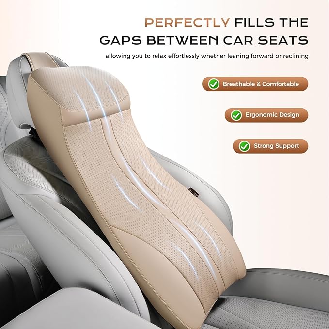 Coverado Upgraded Lumbar Support Headrest Pillow One Piece, Ergonomic Memory Foam Car Neck Pillow & Back Support with Adjustable Straps, Soft Leather Cushion for Back Neck Sciatica Pain Relief, Beige