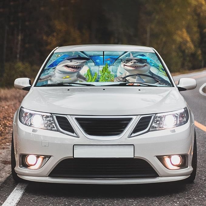 Socira Funny Sharks Car Windshield Sun Shade Umbrella Foldable Sunshade for Front Window Auto Windshield Sunshade Covers Car Accessories Protect from Sun Rays Heat 57'' X 30''